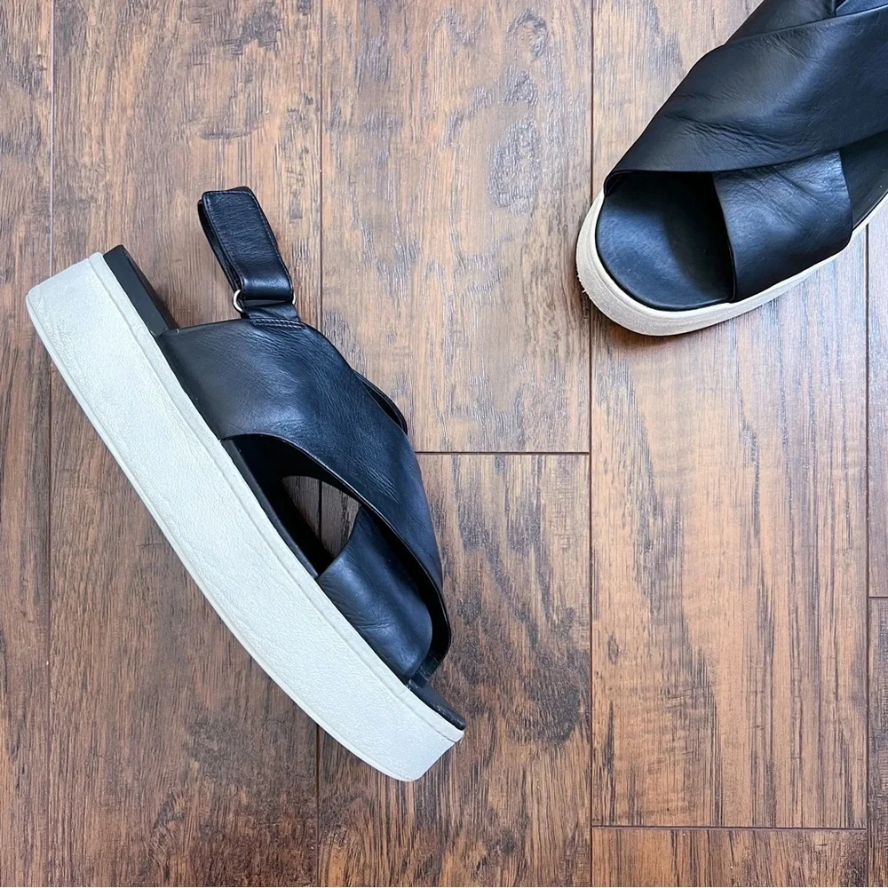 Vince • Weslan Leather Platform Sandals black criss cross straps flatform chunky